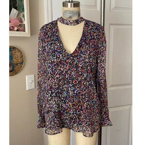 1.State BLACK Silky Smudge Print choker Collar L/Slv Tunic shirt *X-SMALL*